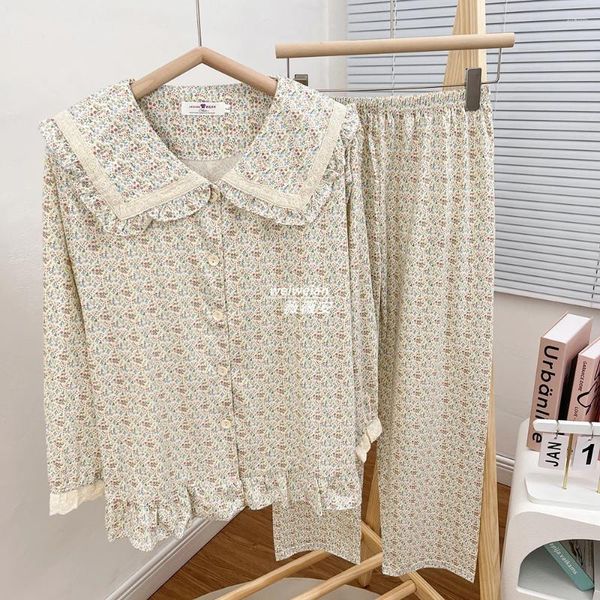 Ropa de dormir para mujer, cárdigan con cuello de muñeca Floral dulce, conjunto de pijamas, ropa de hogar de Estilo Princesa de manga larga para primavera y otoño