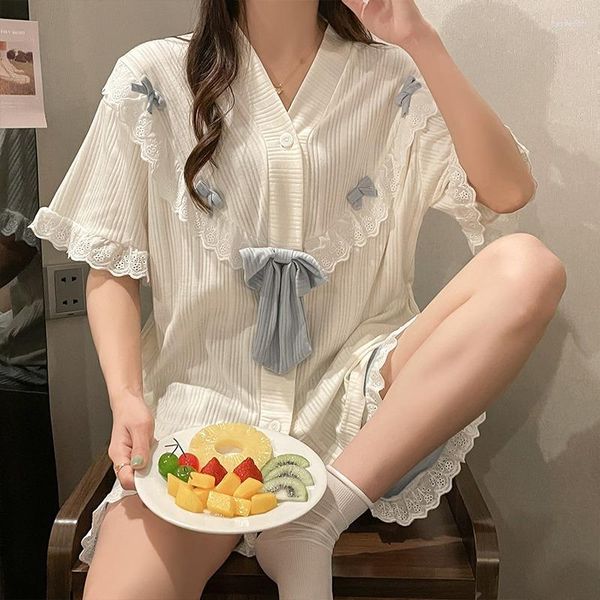 Vêtements de nuit pour femmes Sweet Girl Lace Trim Pyjamas Set Summer Shorts à manches courtes Pijamas Suit Nightwear Casual Cotton Home Wear Loungewear