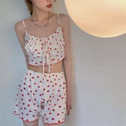 Vêtements de nuit pour femmes Sweet Girl Lovely Strawberry Print Taille haute Shorts Pyjamas Set Two Piece Home Suit Camis Tops Kawaii Cotton Casual