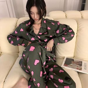 Dames slaapkleding zoete harten print pyjama's met lange mouwen set lente herfst schattige dame losse huiskleding kledingpak