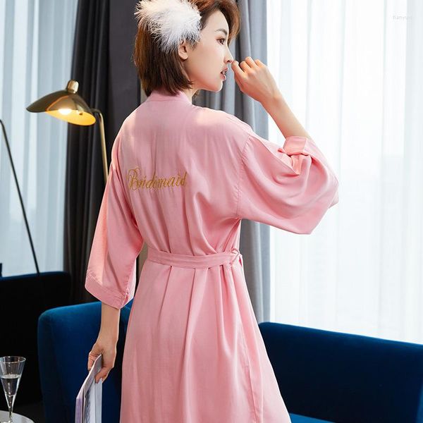Ropa de dormir para mujer Sweet Pink Damas de honor Kimono Robe Vestido Damas Primavera Verano Salón Novia Boda Albornoz Seda Satén Vestido de noche