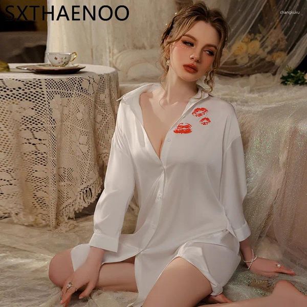 Ropa de dormir para mujer SXTHAENOO Blanco Simple Francés Gasa Transparente Pijamas Erótico Sexy Lápiz Labial Decoración Camisón Novio Camisa