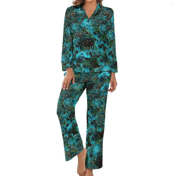 Pijama de mujer con estampado de rosa verde azulado, pijama de manga larga con purpurina dorada Floral, conjunto de noche de 2 piezas, moda de primavera con cuello de pico para mujer