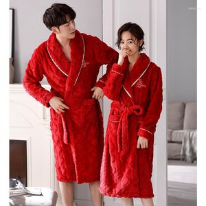 Dames Nachtkleding Dik Warm Flanellen Gewaad Paar Pyjama Set Vrije tijd Comfortabel Zacht Lange Badjas Rood Bruiloft Feestelijk Nachtjapon