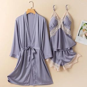 Vêtements de nuit pour femmes Trois pièces Femme Robe Pyjama Ensemble Printemps Été Satin Kimono Peignoir PJS Costume de Sommeil Femmes Dentelle Vêtements de Maison