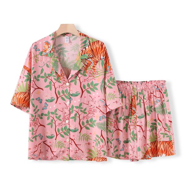 Vêtements de nuit pour femmes Tiger Animals Imprimé shorts Pyjamas Home's Home's Home Suit confortable Coton Viscose Pyjama Set pour les filles de printemps et d'été 230310