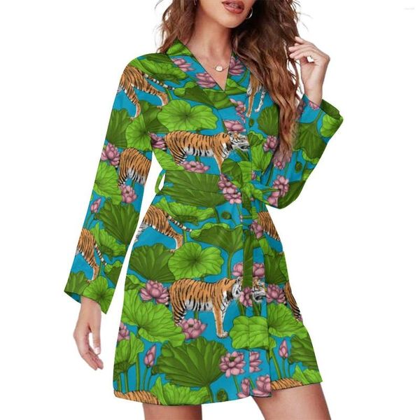 Vêtements de nuit pour femmes Robe de pyjama imprimé tigre rose Lotus Pond manches longues pyjamas mignons robes femme col en V chemise de nuit décontractée robes de printemps