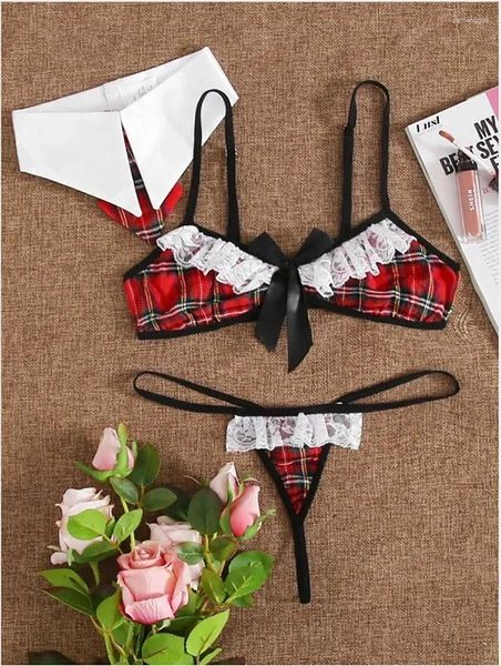 Vêtements de nuit pour femmes Top Fashion Femmes Sexy Plaid Uniforms suspendus Coule de nuit Cold-up Red Stand-Up Cold Bre et Panty Set