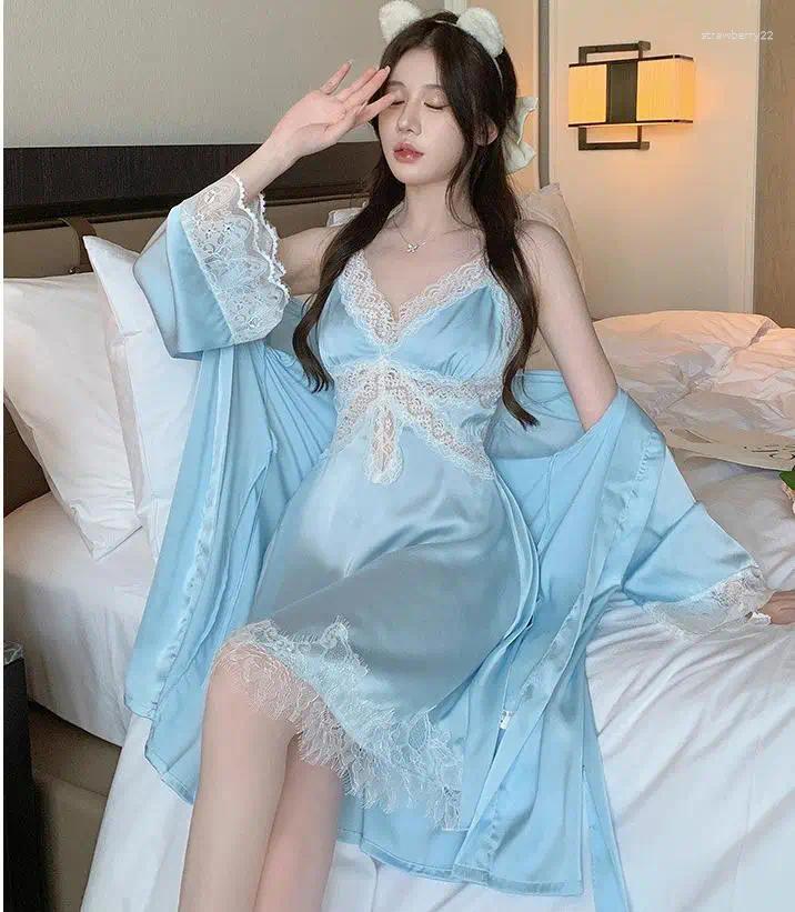 Kadınların Pijama Twinset Dantel Banyıl Elbisesi Set Kadınlar Robe Nightgown Lingerie Yaz Kimono İpeksi Satin Geceleri Elbise Loungewear