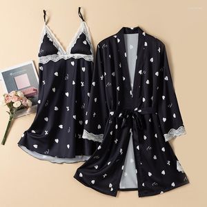 Dames slaapkleding Twinset Lace Robe Set vrouwelijke nachtdress nachthemd vrouwen badjas jurkpak lingerie casual satijn kimono huiskleding