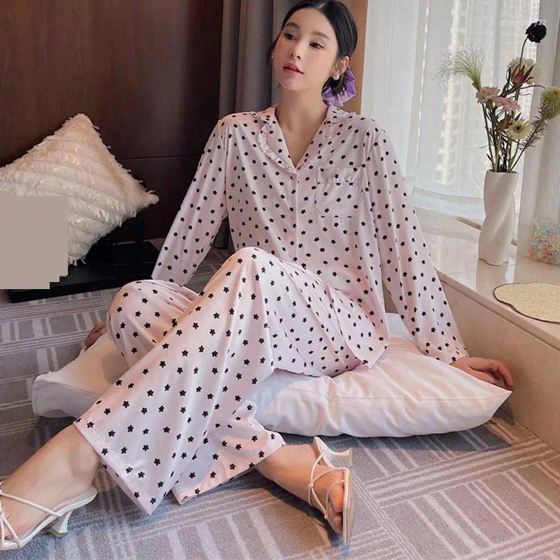 Women's Sleepwear Twinset Pajamas Set Women Long Sleeve Nightsuits PJS Sleep Suit Spring Lapel Silky Satin Pyjamas Home Clothes