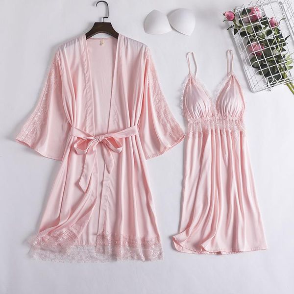 Ropa de dormir para mujer Twinset Robe Set Lace Nightdress Loungewear Mujeres Verano Sedoso Satinado Kimono Albornoz Vestido de dormir Traje de dormir Ropa de hogar