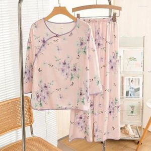 Vêtements de nuit pour femmes Pyjamas imprimés en deux pièces Ensemble de vêtements de nuit Vêtements de maison Femmes Soyeux Satin Printemps Été Pyjama Costume Casual PJS Lingerie