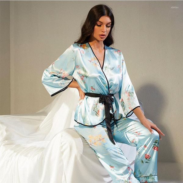 Ropa de dormir para mujer Conjuntos de dos piezas Conjunto de pijamas de seda Mujer Casual Verano Camisón de manga larga Pijamas Ropa de dormir Tops Lingere