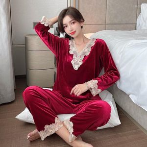 Ropa de dormir para mujer con cuello en V, 2 uds., conjunto de pijamas de terciopelo de encaje para mujer, conjuntos para dormir de primavera, pantalones de camisa para mujer, ropa para el hogar, traje de pijama de manga larga