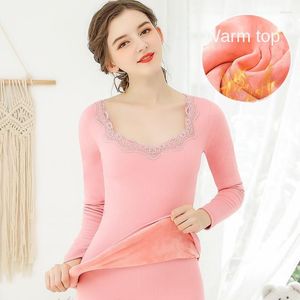 Vêtements de nuit pour femmes col en v dentelle sous-vêtement thermique femmes Plus velours veste rembourrée corps serré automne vêtements une chemise chaude à fond