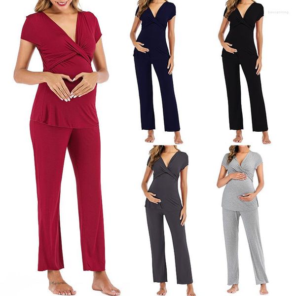 Vêtements de nuit pour femmes col en V maternité pyjama ensemble femmes enceintes à manches courtes allaitement T-Shirt réglable pantalons longs pyjamas salon