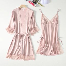 Mulheres sleepwear v-pescoço com cinta camisola verão mulheres quimono robe vestido terno duas peças conjunto de sono cetim renda patchwork loungewear