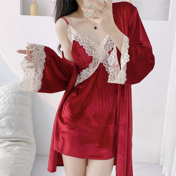 Ropa de dormir para mujer Velour Lace 2 piezas Conjunto de batas Mujeres Kimono Albornoz Vestido Traje Otoño Invierno Terciopelo Camisón Vestido para el hogar Loungewear