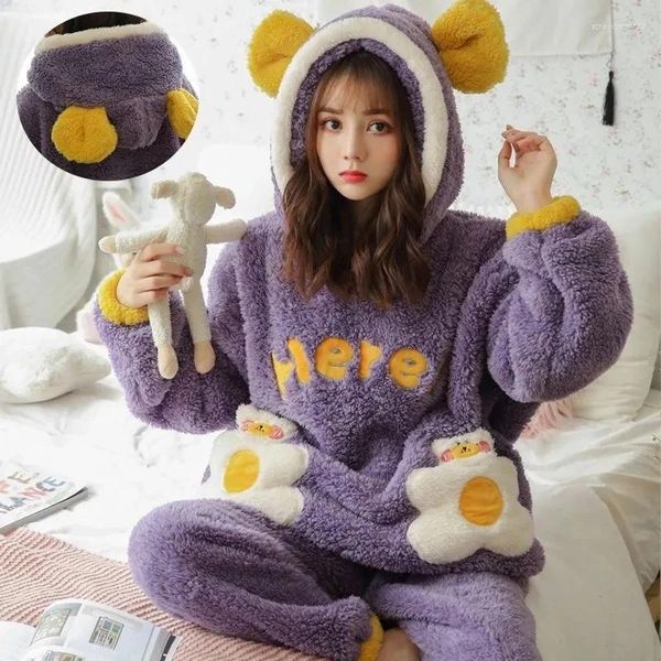 Vêtements de nuit pour femmes Pyjama en velours Femme Hiver Kawaii Pyjamas Ensemble Femmes Pyjamas Plaid Flanelle Fille Pijama Mujer Costumes De Nuit Homewear