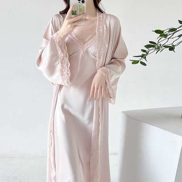 Vêtements de nuit pour femmes Vintage 2pcs Robe Set Femme Court Style Dentelle Garniture Kimono Longue Peignoir Robe Sexy Intime Lingerie Loungewear