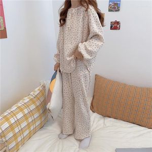 Ropa de dormir para mujer, conjunto de pijama de algodón con estampado de cerezas Vintage, camisas de manga larga con cuello redondo para mujer, pantalones, traje para casa japonés suave