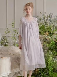 Vêtements de nuit pour femmes Vintage Modal Gaze Princesse Longues Chemises de Nuit Pour Femmes Deliacate Broderie Lâche Royal Printemps Été Robe Douce