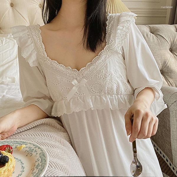 Ropa de dormir para mujer Camisones vintage Mujeres Algodón Blanco Encaje Lolita Vestido de noche Victoriano Peignoir Ladies Loungewear Nightdress Princess