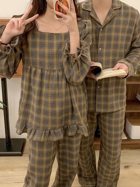 Vêtements de nuit pour femmes Vintage Plaid Automne Pyjamas Set Femmes Couple Lovers Chemises Pantalon Coton Harajuku Coréen Home Costume Casual Kaki