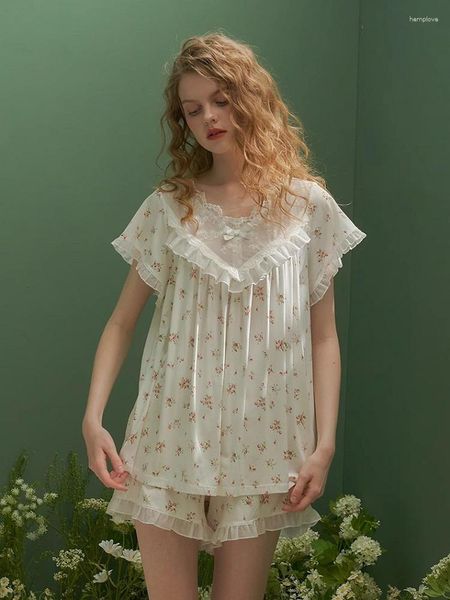 Vêtements de nuit pour femmes Vintage princesse Floral imprimé à manches courtes dentelle pyjamas ensembles pour femmes été Shorts pyjamas lâche doux vêtements de nuit