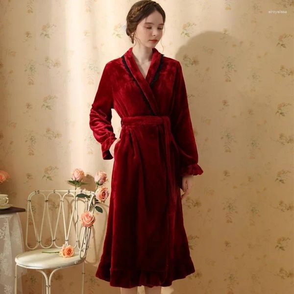 Ropa de dormir para mujer Batas de terciopelo vintage para mujer Sexy V Cuello Novia Vestido Casual Cómodo Robe Hada Manga larga Kimono con faja