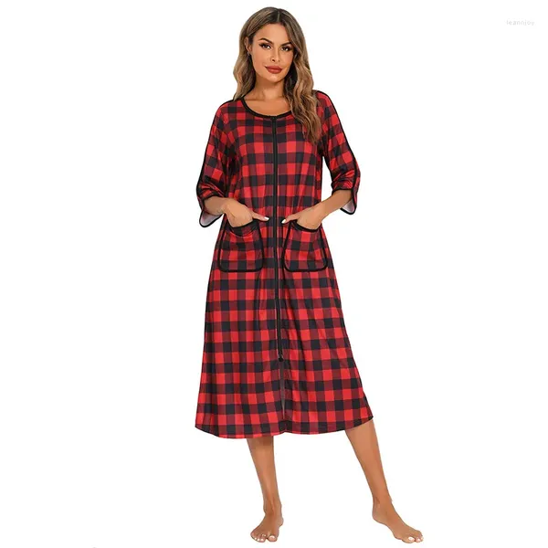 Ropa de dormir para mujer Vintage Victorian Long Nightgown Mujer para dormir Clásico Estilo Inglaterra Camisa a cuadros roja Vestido Homewear Retro Flojo Maxi