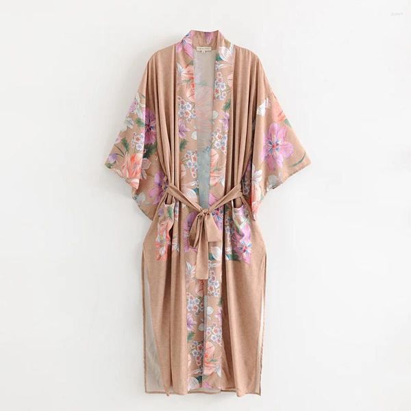 Ropa de dormir para mujer Vintage Mujeres Pink Peacock Estampado floral Fajas Bohemian Kimono Robe Ladies V Cuello Batwing Mangas Bikini Encubrimientos