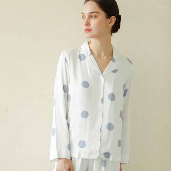 Ropa de dormir de viscosa para mujer, manga larga, cuello vuelto, conjunto de pijama blanco con lunares azules, pantalones, pijamas holgados de primavera y otoño