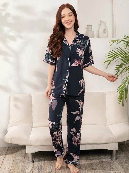 Ropa de dormir para mujeres viscosa talla grande s-xxxl pijamas manga corta pantalones de impresión floral pijama para mujeres ropa de hogar