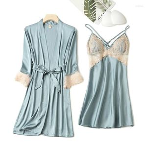 Vêtements de nuit pour femmes, ensemble de Robe de mariée, été, Sexy, Patchwork, garniture en dentelle, Kimono, peignoir fin, fausse soie, robe de maison