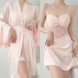 Vêtements de nuit pour femmes Robe de mariée été femme Kimono peignoir Robe Sexy Patchwork dentelle jarretelle chemise de nuit lâche soie Satin maison Robe