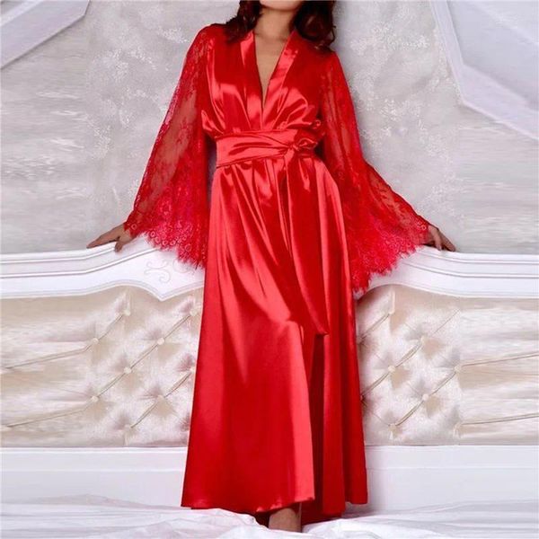 Vêtements de nuit pour femmes Weirdo Lady Nightgown See-through manches longues dentelle satin couleur unie maille taille serrée sexy femmes peignoir pour dormir