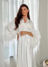 Dames Nachtkleding Wit Boudoir Lang Zijden Gewaad Bruidsveer Voor Trouwdag Boho Satijn Kant Kamerjas Bruidsmeisje Geschenken Kimono