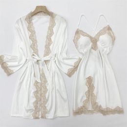 Vêtements de nuit pour femmes blanc mariée demoiselle d'honneur Robe de mariée ensemble Sexy pleine dentelle chemise de nuit été soie Satin Kimono robe de bain Ho254K