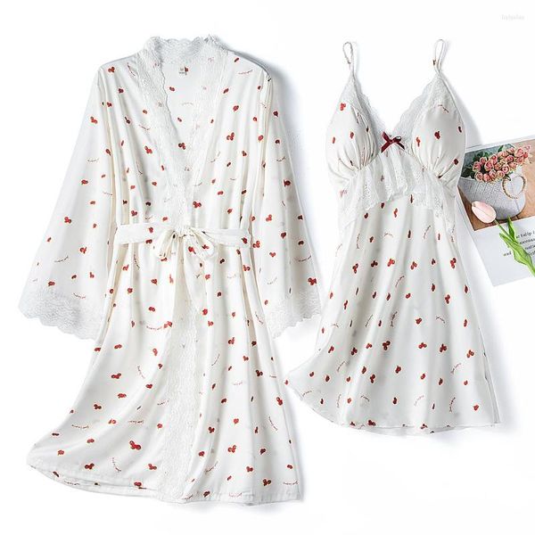 Ropa de dormir para mujer Novia blanca Conjunto de bata de boda Estampado dulce Camisón de fresa Sexy Seda Satén Kimono Albornoz Vestido suelto Vestido para el hogar