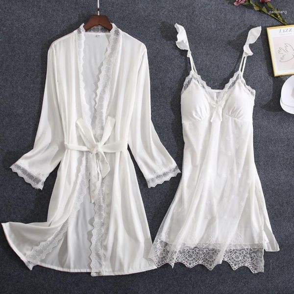 Vêtements de nuit pour femmes Blanc Dentelle Mariée Demoiselle d'honneur Robe de mariée Ensemble Femmes Été Kimono Peignoir Robe Lâche Casual Costume de Sommeil Sexy Robe de Maison