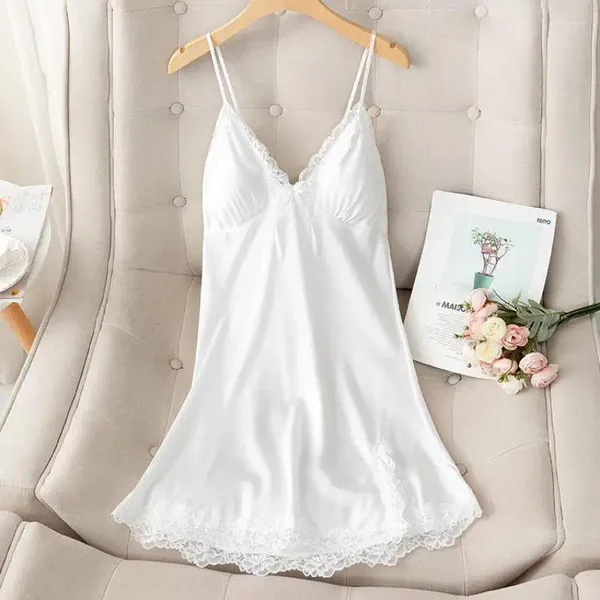 Ropa de dormir para mujer, camisón de encaje blanco, camisón de satén con cuello en V, lencería, vestido camisero de verano, ropa de dormir Sexy