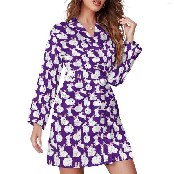 Vêtements de nuit pour femmes, lapin blanc, Robe pyjama, col en V, Animal mignon, Sexy, manches longues, imprimé, loisirs