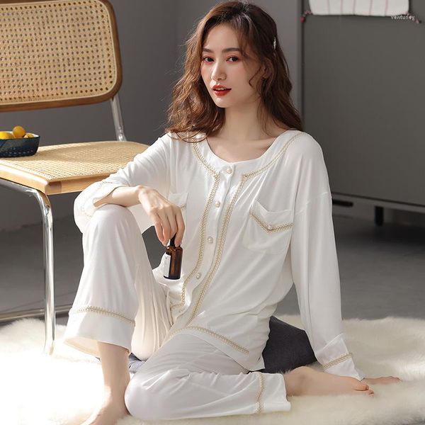 Vêtements de nuit pour femmes WIKISSPJS printemps automne Modal blanc noir lâche coton soie à manches longues pantalon maison costume pyjamas vêtements de détente