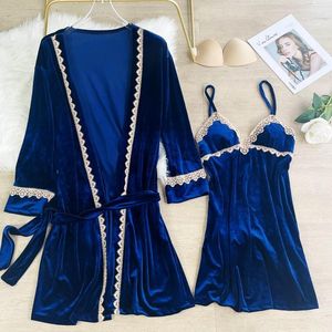 Vêtements de nuit pour femmes Hiver Automne Sexy Femmes Velours Pyjama Costume Velours Nightyrobe Ensemble Vêtements De Nuit Chemise De Nuit Lâche Bleu Marine Robe À La Maison