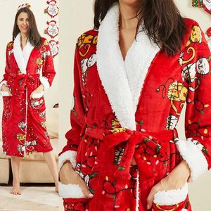 Dames Nachtkleding Winter Kerst Gewaad Dames Print Cartoon Flanel Badjas Kerstman Nachtjapon Vrouwelijke Dikker Homewear Kimono Loungewear