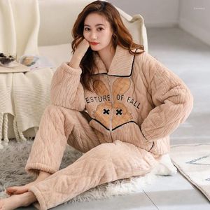 Vêtements de nuit pour femmes, veste d'hiver en velours de corail à trois couches épaissie en peluche de coton, flanelle d'automne, vêtements de maison mignons