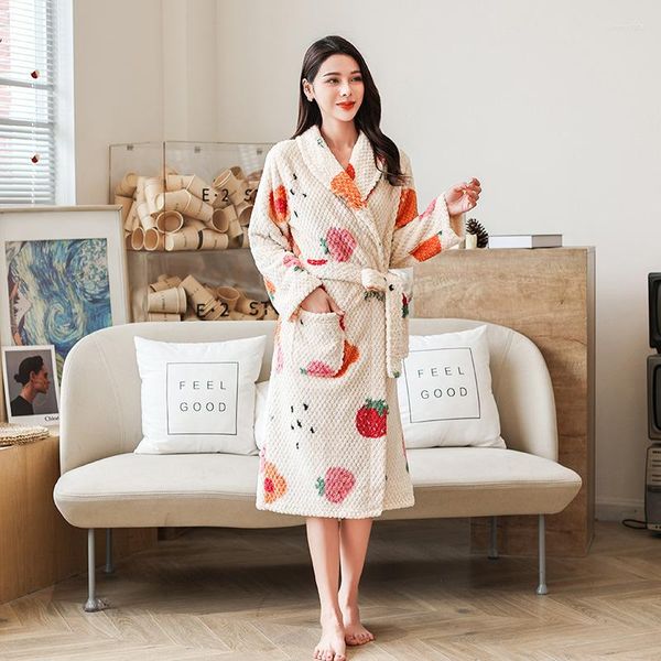 Ropa de dormir para mujer, vestido de invierno, bata larga con estampado de frutas, Kimono de manga gruesa de franela, dulce y bonito pijama para el hogar, ropa de descanso