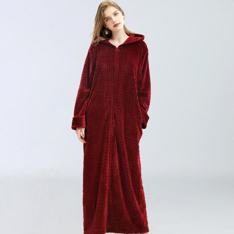 Roupa de dormir feminina de inverno roupão de banho longo de flanela feminino quente com capuz e zíper roupão de dama de honra até o tornozelo